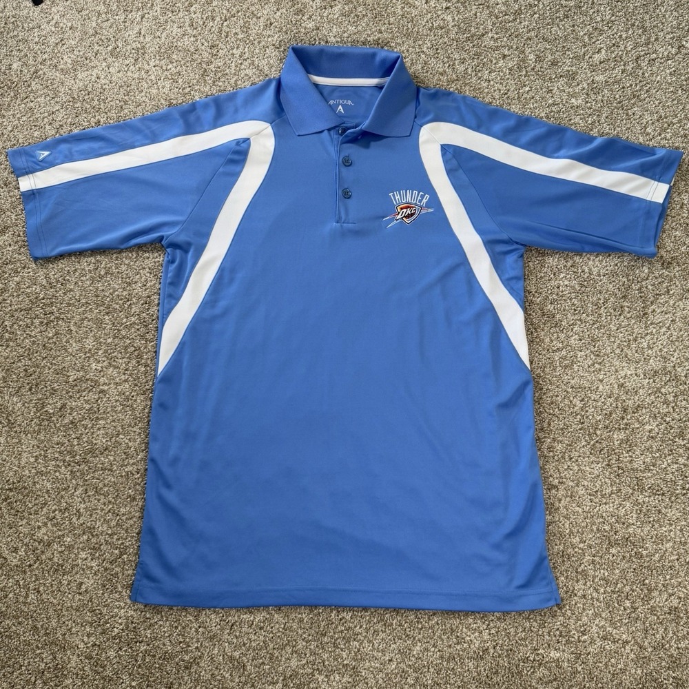 OKC Thunder Size M Mens Embroidered Antigua Light Blue 3 Button Golf Polo Shirt